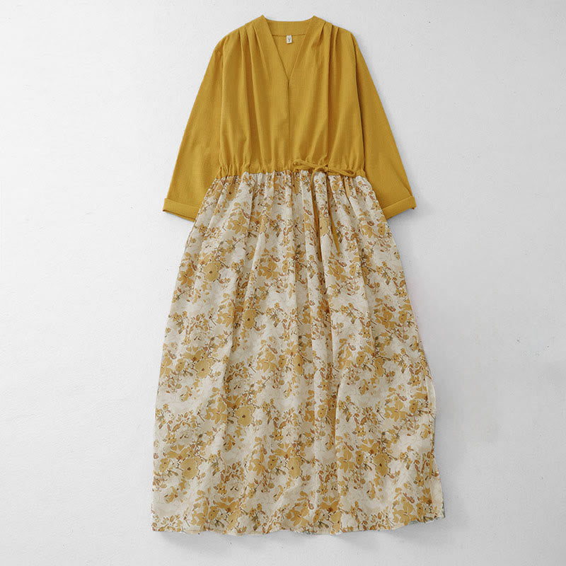Buddha Stones Lässiges, gelbes Damenkleid mit Blumenmuster, V-Ausschnitt, langen Ärmeln und Tasche für Frühling und Herbst - Bräunen - US12, UK/AU16, EU44 (2XL) - image 0