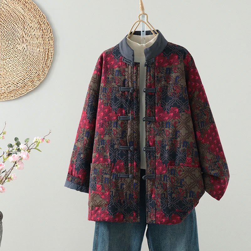 Buddha Stones Herbst/Winter Vintage Tang-Stil Froschknopf Damenjacke mit Taschen und Blumenmuster Pfingstrosen - Kastanienbraun - US12, UK/AU16, EU44 (2XL) - image 0