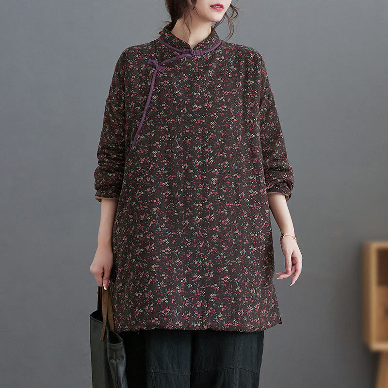 Buddha Stones Herbst/Winter Vintage Tang Style Damen Langarmhemden mit Stehkragen, zartem Blumenmuster, Fleecefutter und Taschen - Sattelbraun - US4-12, UK/AU8-16, EU36-44 (F) - image 0