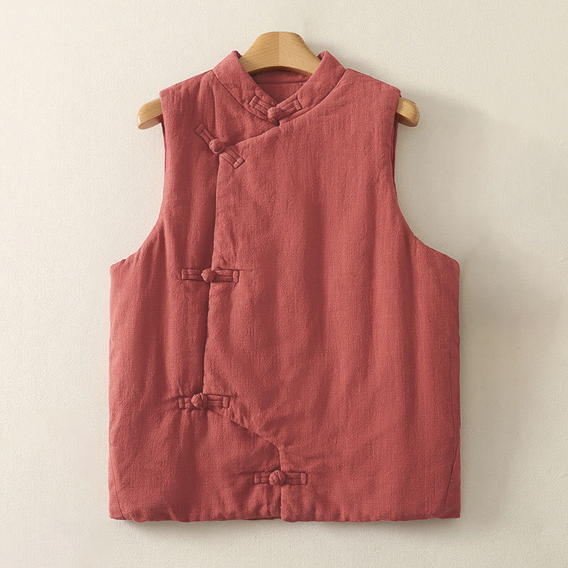 Buddha Stones Herbst/Winter Schlichtes Tanktop im Tang-Stil mit Stehkragen, Pankou-Einfarbig, Damenweste mit Taschen - DarkSalmon - US8-10, UK/AU12-14, EU40-42 (2XL) - image 0
