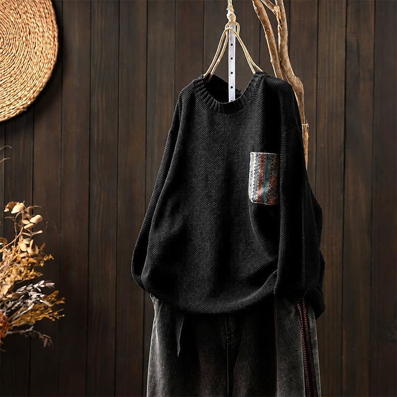Buddha Stones Lässige, einfarbige Strickjacke für Damen im Vintage-Stil für Herbst und Winter mit kontrastfarbener aufgesetzter Tasche - Schwarz - US4-12, UK/AU8-16, EU36-44 (F) - image 0