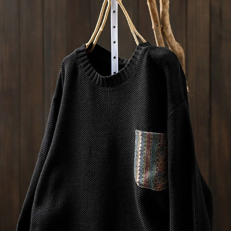 Buddha Stones Lässige, einfarbige Strickjacke für Damen im Vintage-Stil für Herbst und Winter mit kontrastfarbener aufgesetzter Tasche - image 1