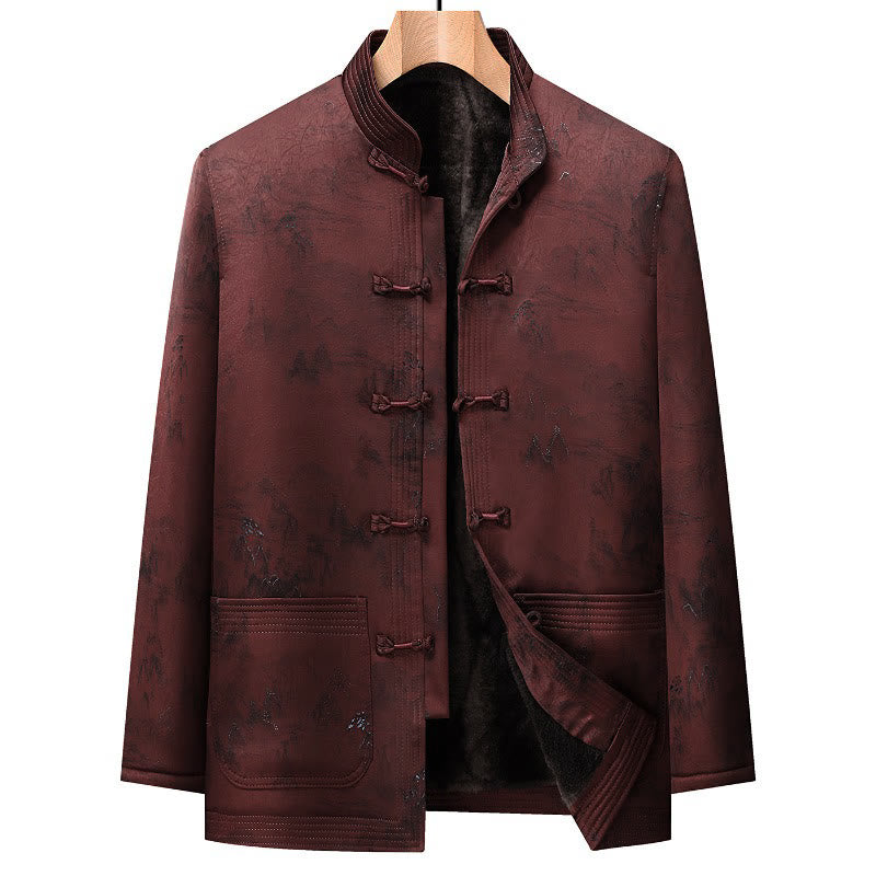 Buddha Stones Frühling Herbst Tang Style Vintage Mandarin Collar Frog Button Mountains Herrenjacke mit Taschen - Braun - US/UK/AU46, EU56 (5XL) - image 0