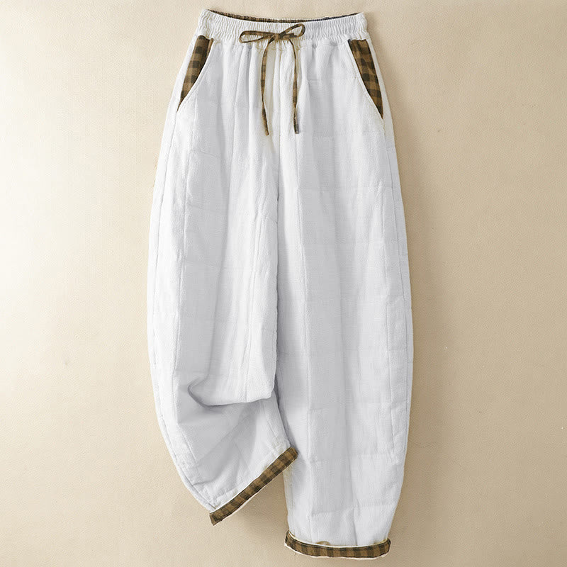 Buddha Stones Lässige, minimalistische, karierte Haremshose mit Kordelzug und Taschen für Damen – ideal für den Winter - Weiß - US8-10, UK/AU12-14, EU40-42 (2XL) - image 0