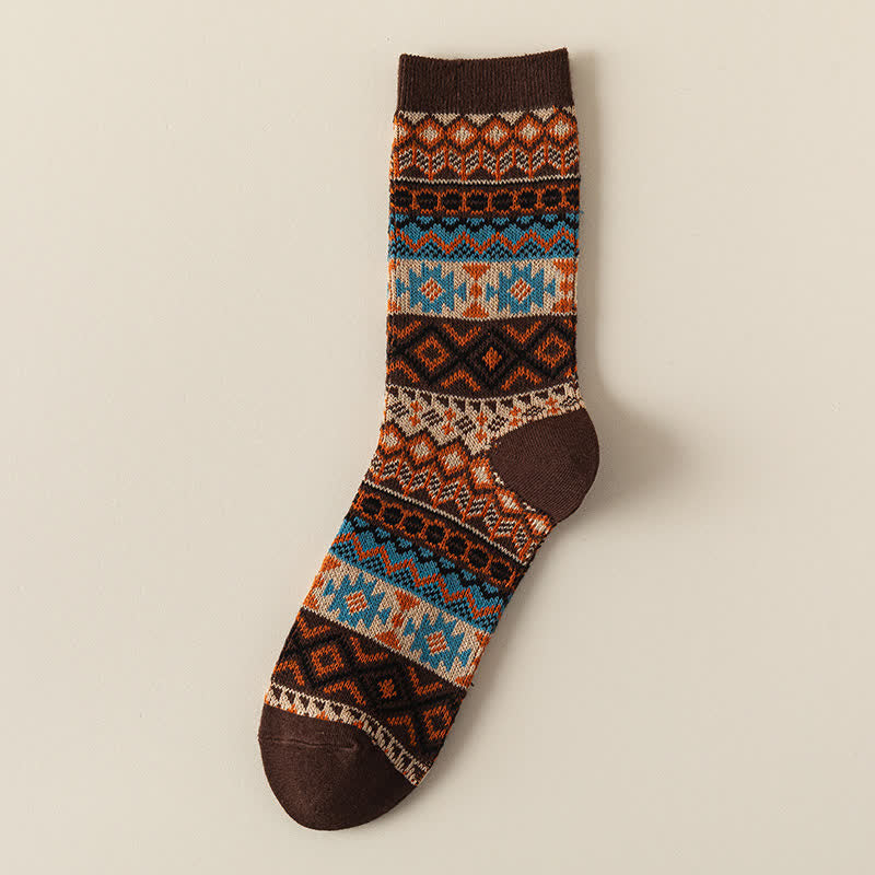 Buddha Stones Vintage geometrische Boho Stricksocken für Damen - Sattelbraun - Fünf Paare - Einheitsgröße (US 4,5–9, EU 34–40, UK/AU 2,5–7, AISA 22,5–25 cm) - image 1