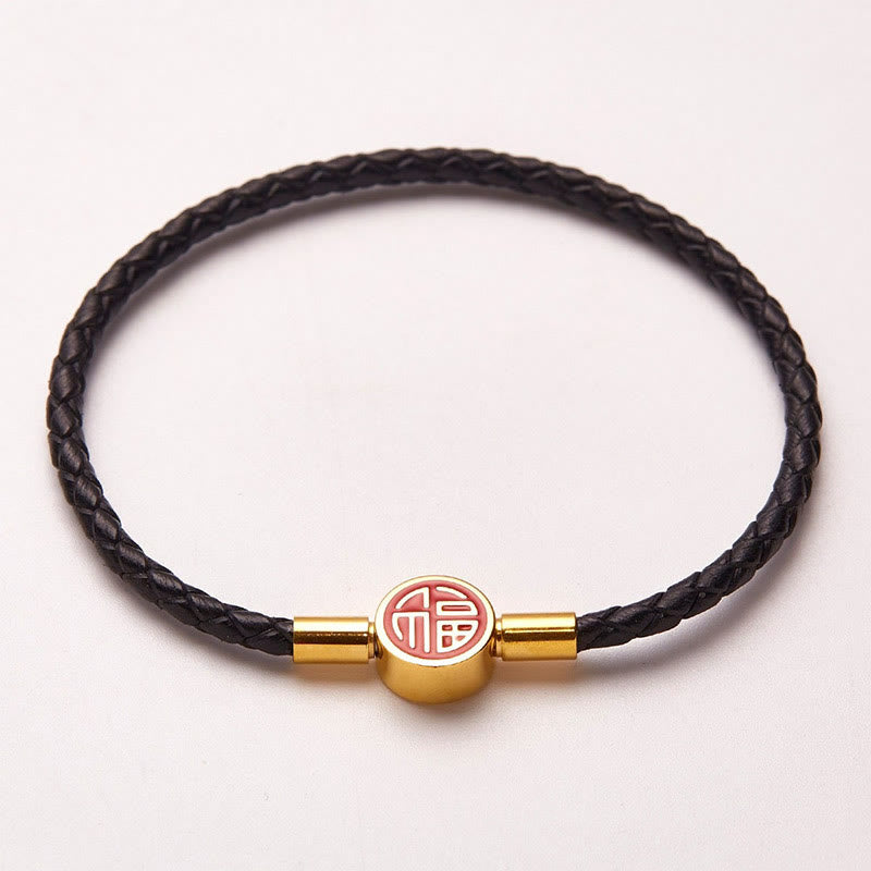 Buddha Stones Fu Charakter Blessing Fortune Lederarmband mit Schnalle