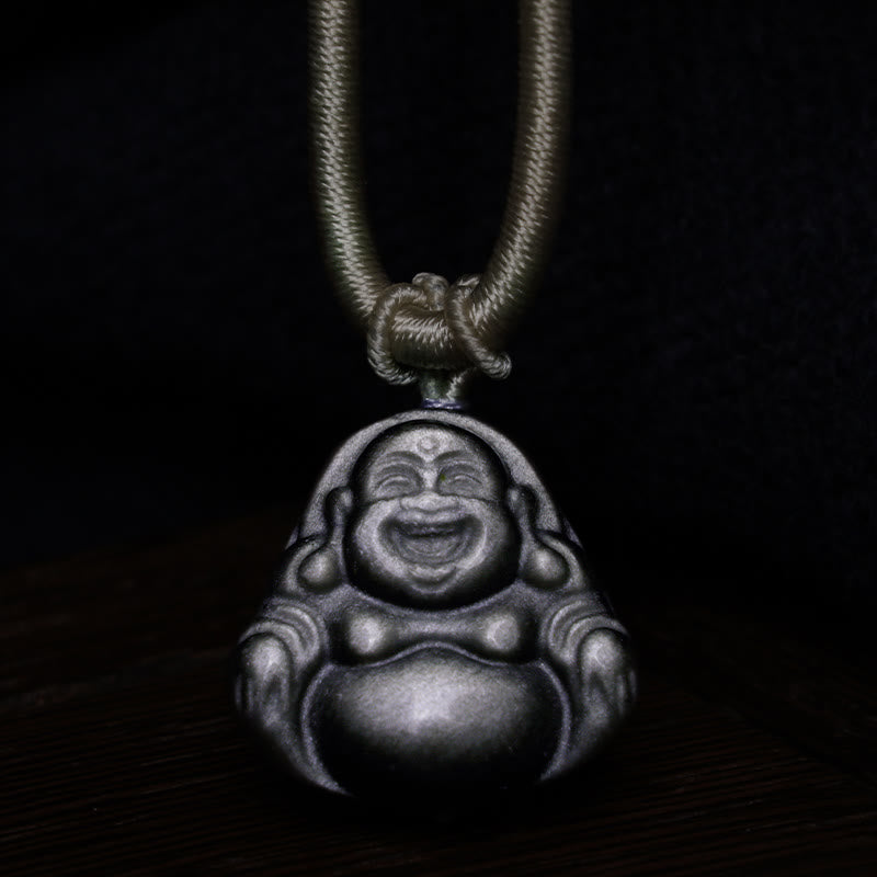 Buddha Stones, natürlicher silberfarbener Obsidian, lachender Buddha-Schutz-Halsketten-Anhänger - image 4