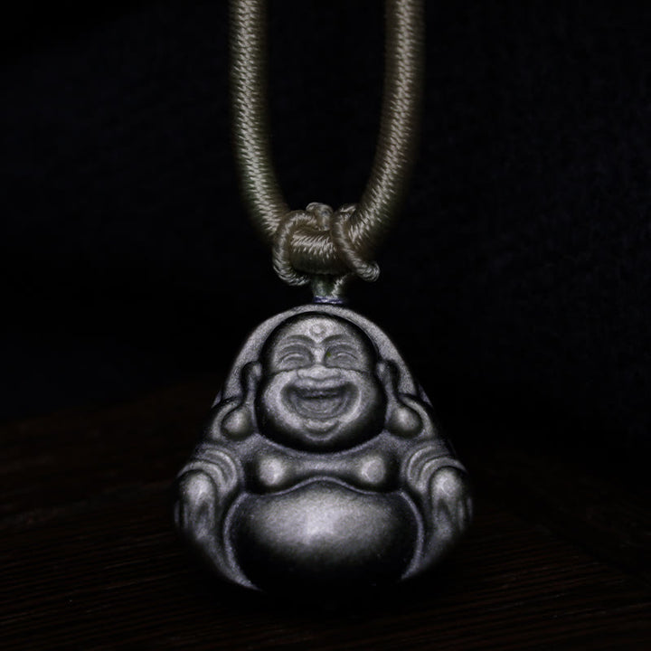 Buddha Stones, natürlicher silberfarbener Obsidian, lachender Buddha-Schutz-Halsketten-Anhänger - image 4