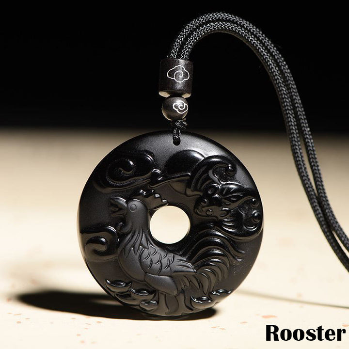 Buddha Stones, chinesisches Sternzeichen, natürlicher schwarzer Obsidian, Friedensschnalle, Stärke-Halsketten-Anhänger - Hahn - image 21