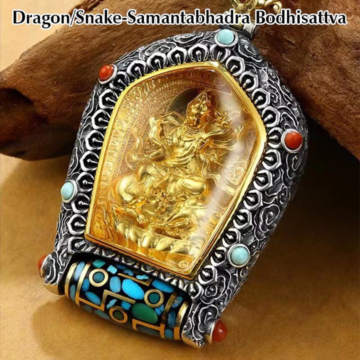 Tibet Chinesisches Sternzeichen Natal Buddha Thangka Wohlstand Drehbarer Dzi-Perlen-Halskettenanhänger - Drache/Schlange-Samantabhadra Bodhisattva - image 7