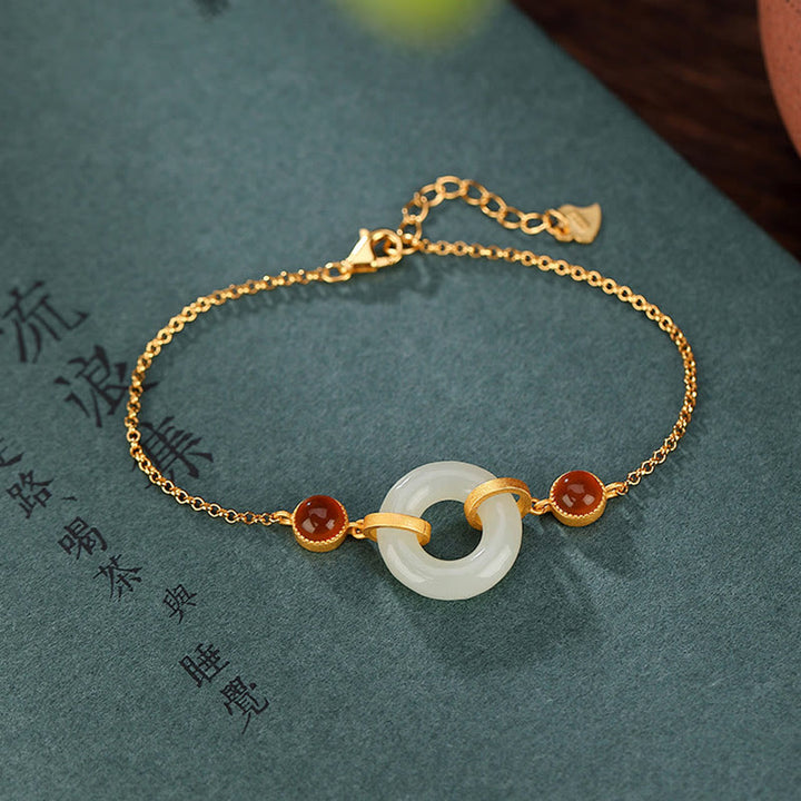 Buddha Stones Glücksarmband aus 925er-Sterlingsilber mit vergoldeter natürlicher Hetian-Jade, Friedensschnalle und rotem Achat - Hetian-Jade (Wohlstand♥Fülle) (Armbandgröße 16+3cm) - image 0