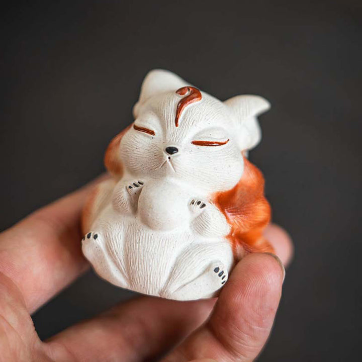Buddha Stones, Mini-Fuchs mit neun Schwänzen, lila Ton, Glücksbringer, Schreibtisch-Dekoration