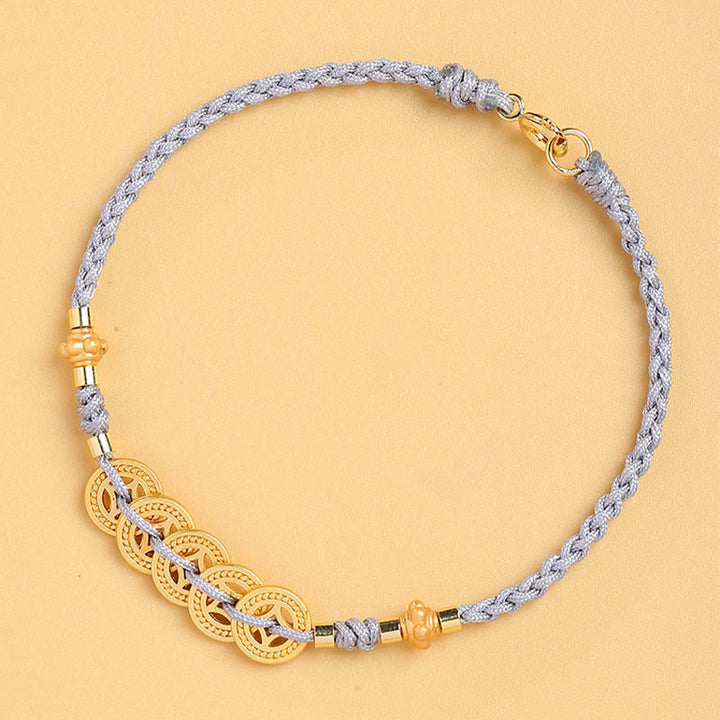 Buddha Stones Kupfermünze, Glücksbaum, Perle, Glück, blaues Seil, geflochtenes Armband - image 3