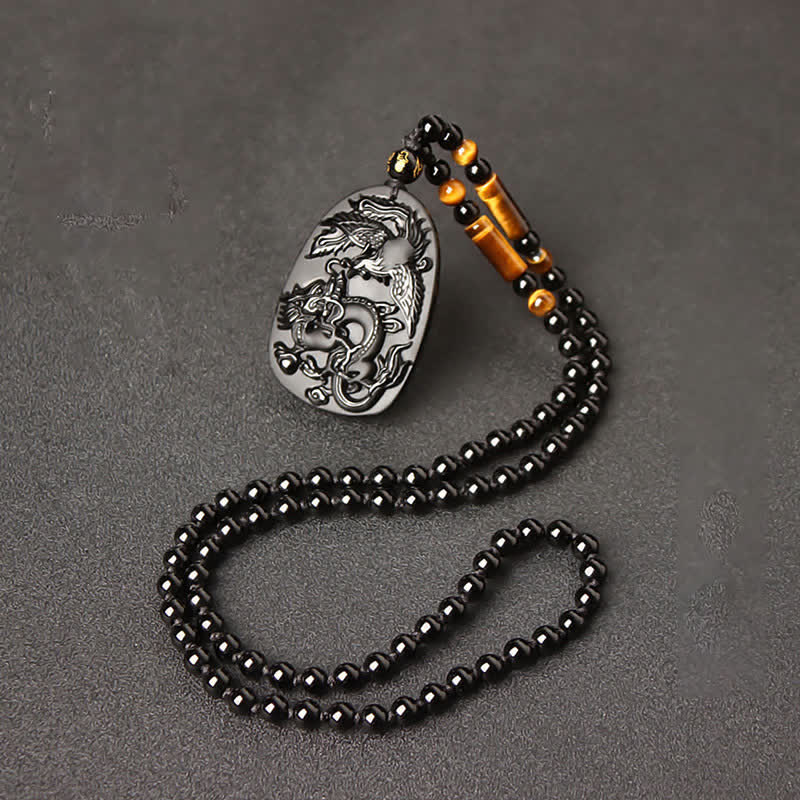 Schwarzer Obsidian Tigerauge Drache Phönix Schutz Perlen Halskette Anhänger - image 13