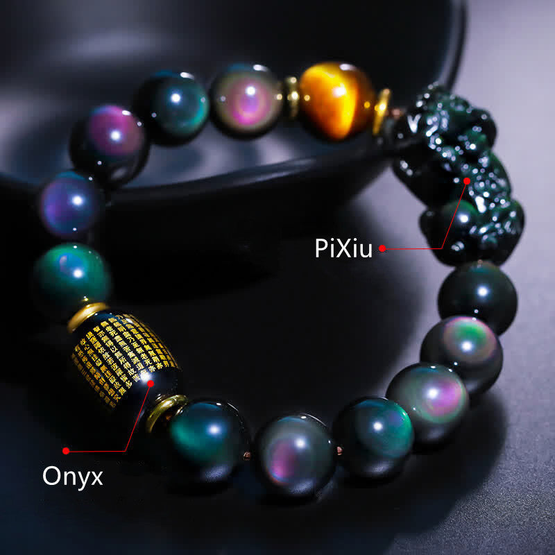 Buddha Stones FengShui PiXiu Regenbogen Obsidian Schwarzer Onyx Tigerauge Positives Armband