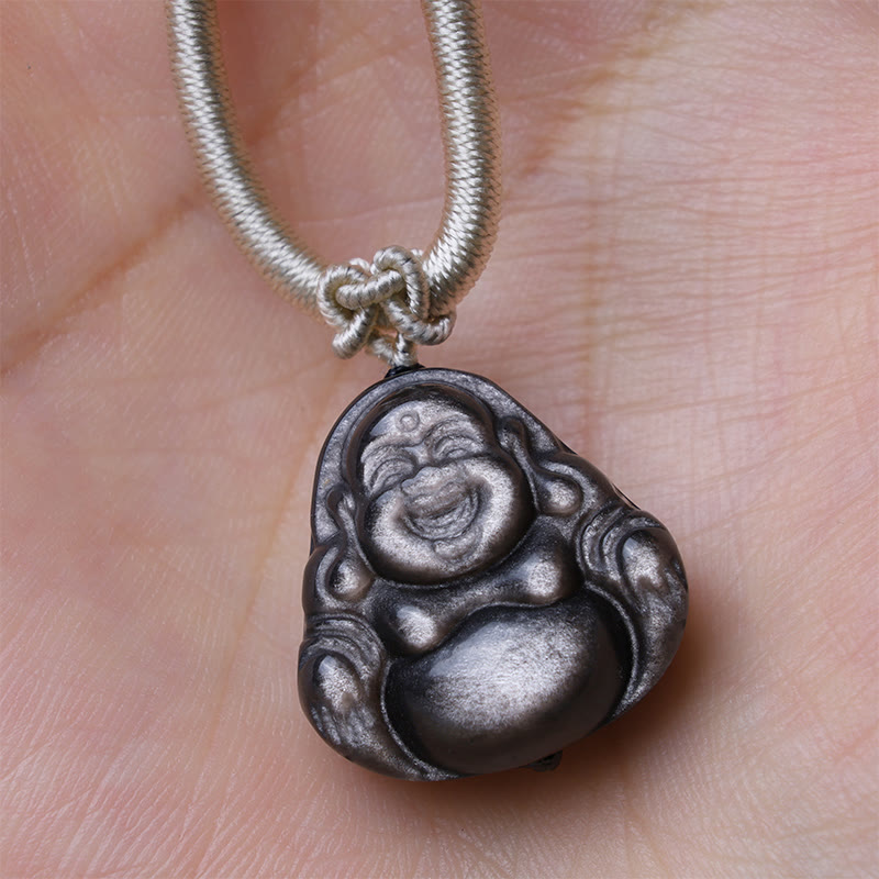 Buddha Stones, natürlicher silberfarbener Obsidian, lachender Buddha-Schutz-Halsketten-Anhänger - image 3