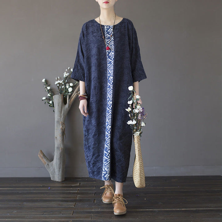 Buddha Stones – Jacquard-Midikleid mit Blumenstickerei, Blau, Dreiviertelärmeln, Baumwollkleid mit Taschen