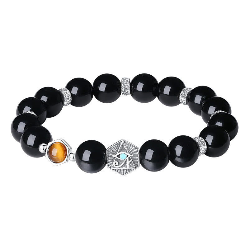 Buddha Stones 925 Sterling Silber Schwarzer Obsidian Tigerauge Auge der Vorsehung Reinigungsarmband