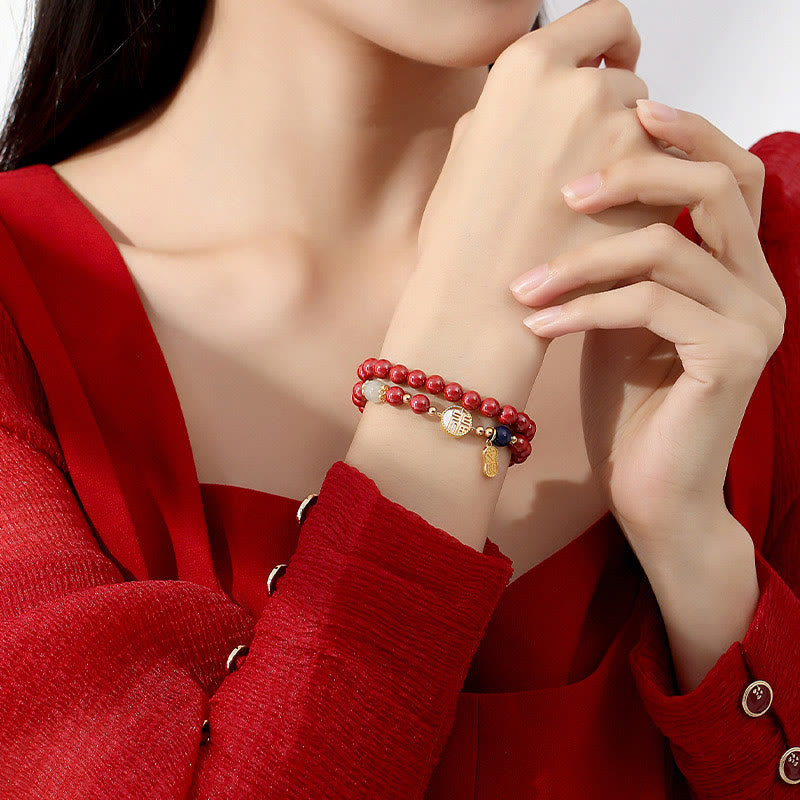 Buddha Stones 925 Sterling Silber Zinnober Tridacna Stein Fu Charakter Doppelt gewickeltes Segensarmband - image 2