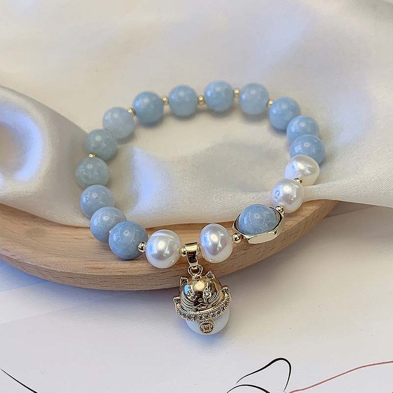 Charm-Armband mit Buddha Stonesn, Aquamarin-Perle, Friedensheilung, Glückskatze