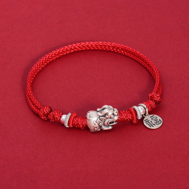 Buddha Stones 925 Sterling Silber PiXiu Fu Charakter Reichtum Glück Handgefertigtes geflochtenes Armband - Rotes Seil (Handgelenkumfang 14-17 cm) - image 1