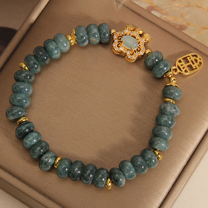 Armband mit Buddha Stonesn, natürlichem Jade-Chinesisch-Schloss-Charm, Frieden, Glück, Fülle