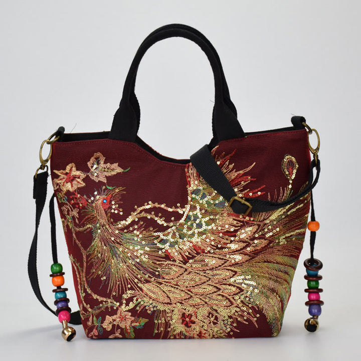 Buddha Stones -Pfauen-Doppelseitig-Stickerei-Tragetasche, Schultertasche, Umhängetasche - Weinroter Pfau - Schultertasche/Tragetasche - image 16