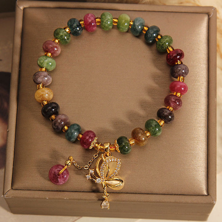 Buddha-Stein-Armband mit buntem Turmalin-Schmetterlings-Charm und Weisheits-Anhänger