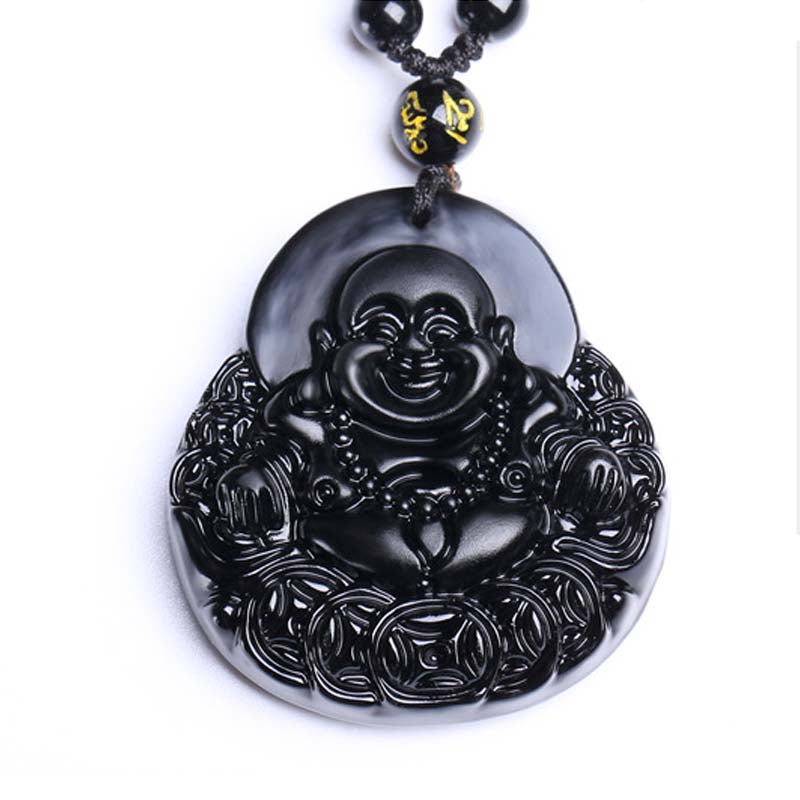 Buddha Stones Lachender Buddha Schwarzer Obsidian Kraftschutz Anhänger Halskette - image 6