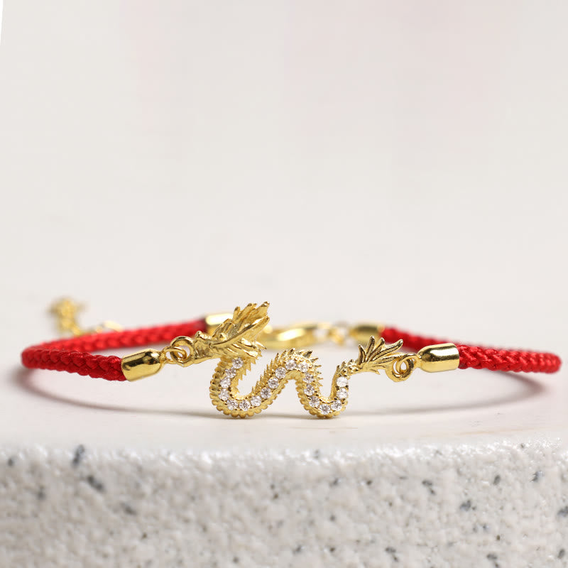 Buddha Stones 925 Sterling Silber Jahr des Drachen verheißungsvoller goldener Drache Glück rotes Seilkettenarmband