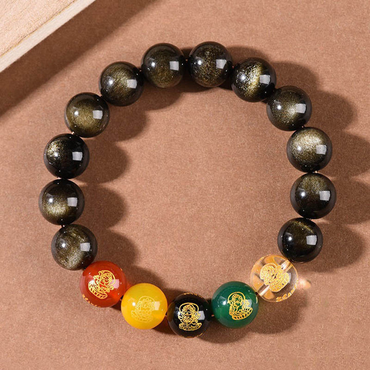 Buddha Stones Armband Gods of Wealth, goldglänzender Obsidian, Regenbogenobsidian, schwarzer Obsidian, Five Directions