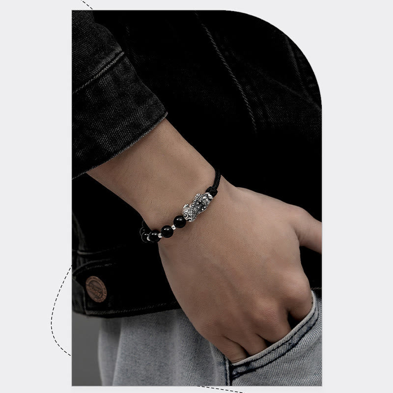 Buddha Stones 999 Sterling Silber FengShui PiXiu Natürlicher schwarzer Obsidian 925 Sterling Silber Bead Strength Armband