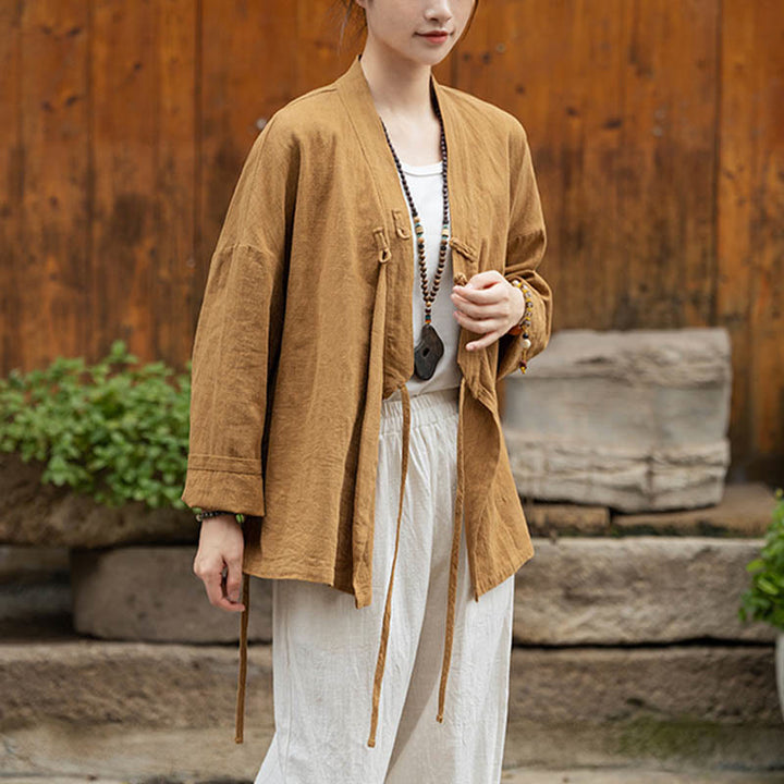 Buddha Stones Frosch-Knopf Hanfu Design Shirt Top Ramie Leinen Jacke