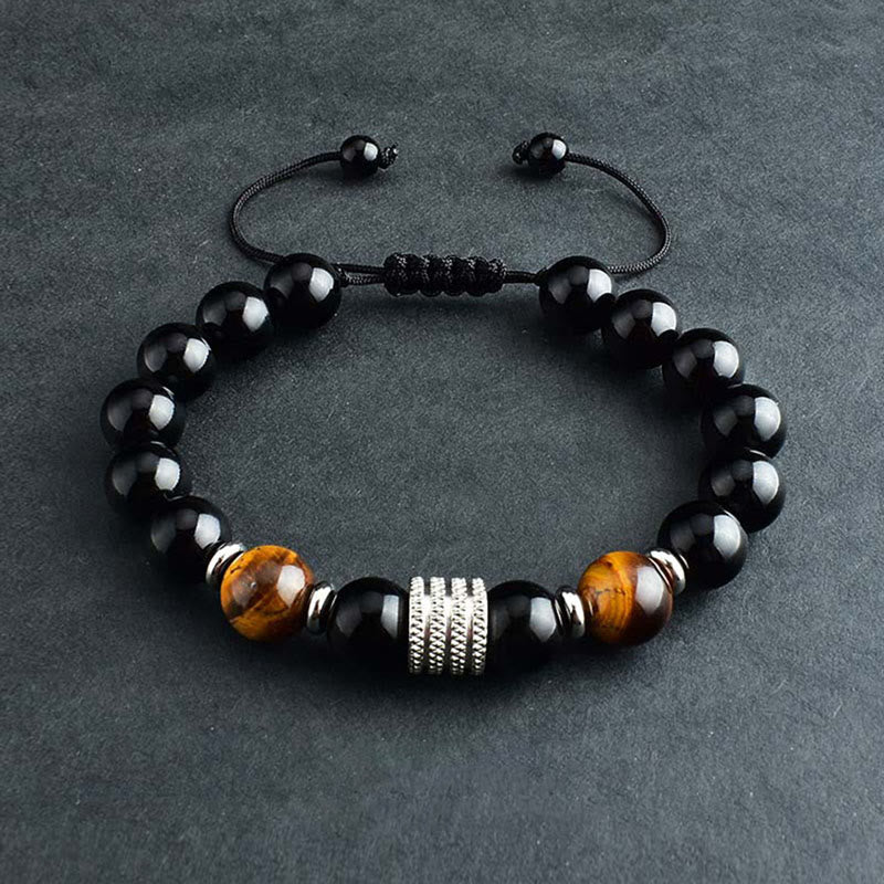 Buddha Stones natürliches schwarzes Obsidian-Tigerauge-Armband zur Krafterfüllung - Schwarzer Obsidian & Tigerauge - Geflochtene Schnur - image 10