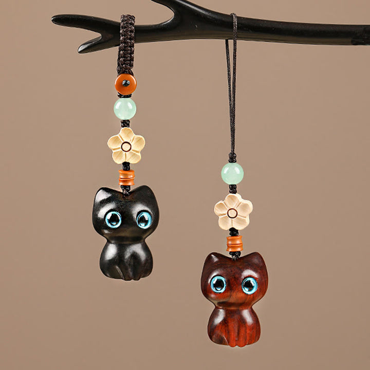 Buddha Stones, Mini-Schlüsselanhänger, kleines Blatt, rotes Sandelholz, Ebenholz, glückliche Katze, hübsches Kätzchen, Frieden, Schlüsselanhänger, Dekoration zum Aufhängen am Telefon - image 1