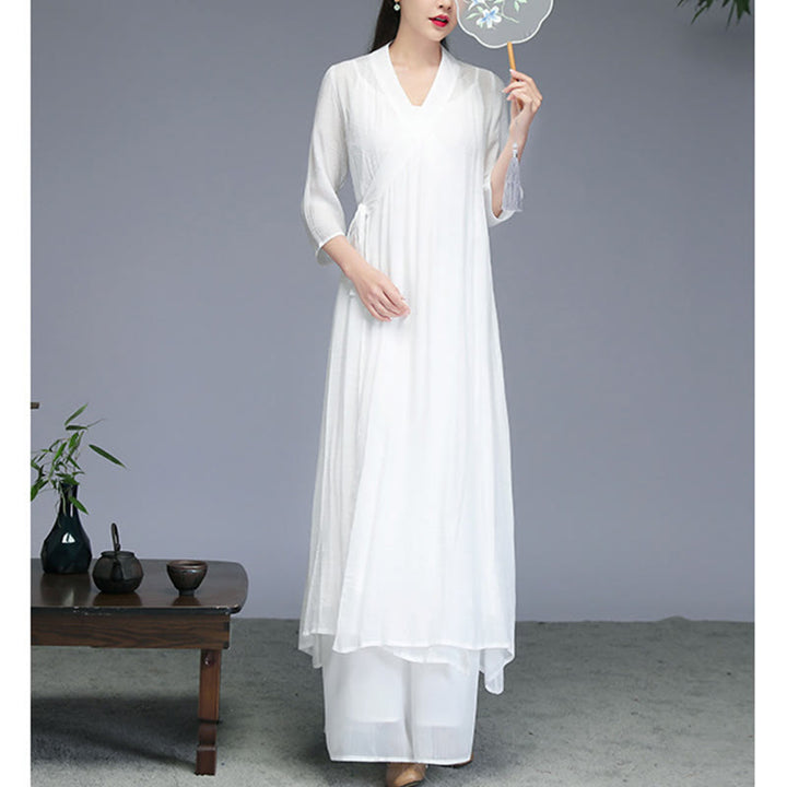 Midikleid im Hanfu-Stil mit Buddha-Steinen, Hose mit weitem Bein, Meditation, Zen-Praxis, Yoga, Tanzkleidung