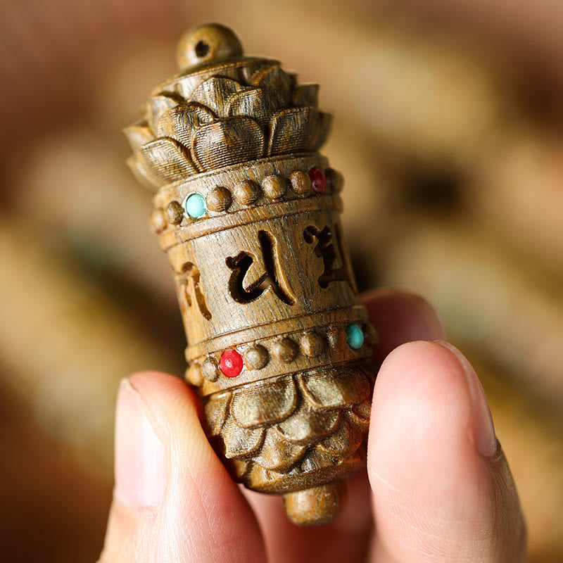 Buddha Stones Tibet Grünes Sandelholz Palisander Om Mani Padme Hum Lotus Positive beruhigende Halskette Anhänger - image 3