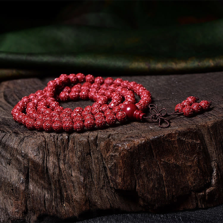 Buddha Stones 108 Mala Perlen Zinnober Om Mani Padme Hum Muster graviertes Segensarmband - image 3