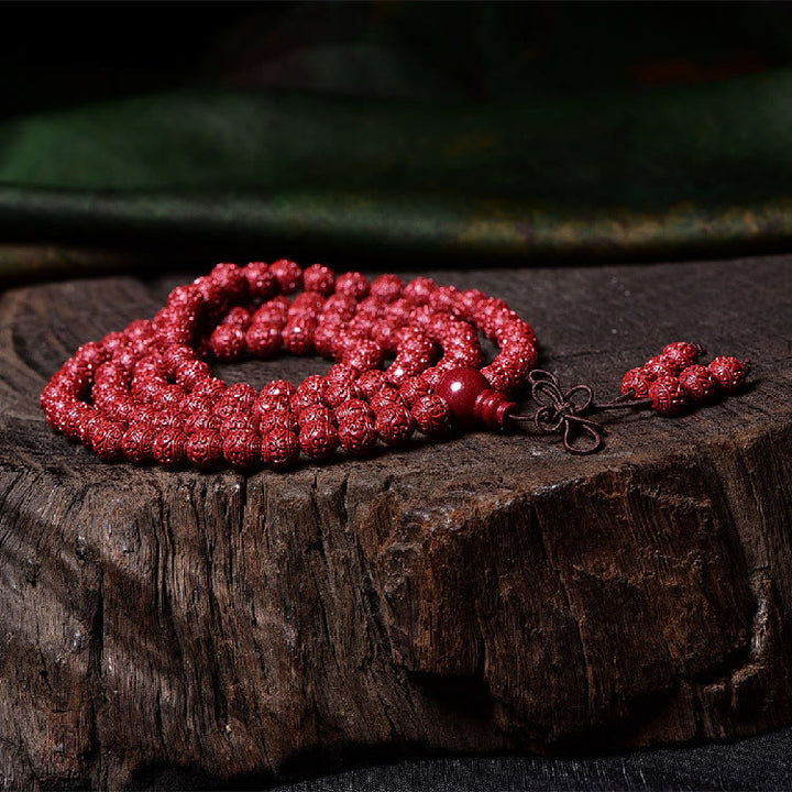 Buddha Stones 108 Mala Perlen Zinnober Om Mani Padme Hum Muster graviertes Segensarmband - image 3