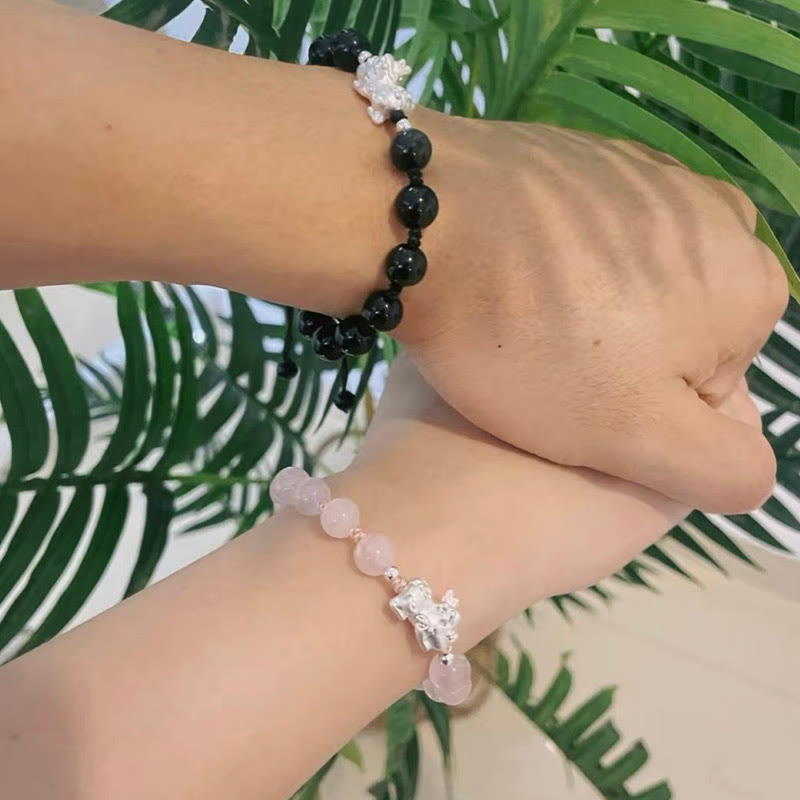 Buddha Stones natürliches schwarzes Obsidian-Katzenauge-Rosa-Kristall-PiXiu-Stärke-Armband - image 11