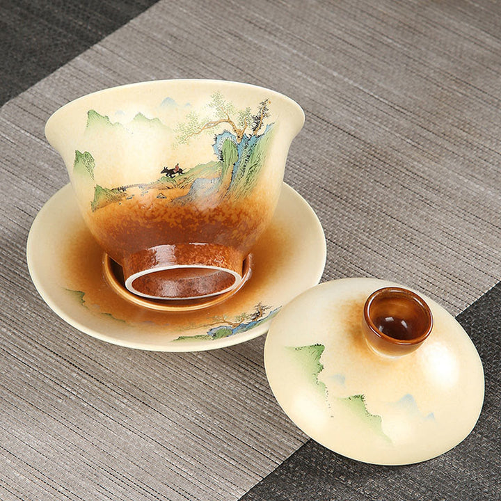 Buddha Stones Berglandschaft Landschaft Keramik Gaiwan Sancai Teetasse Kung Fu Teetasse und Untertasse mit Deckel