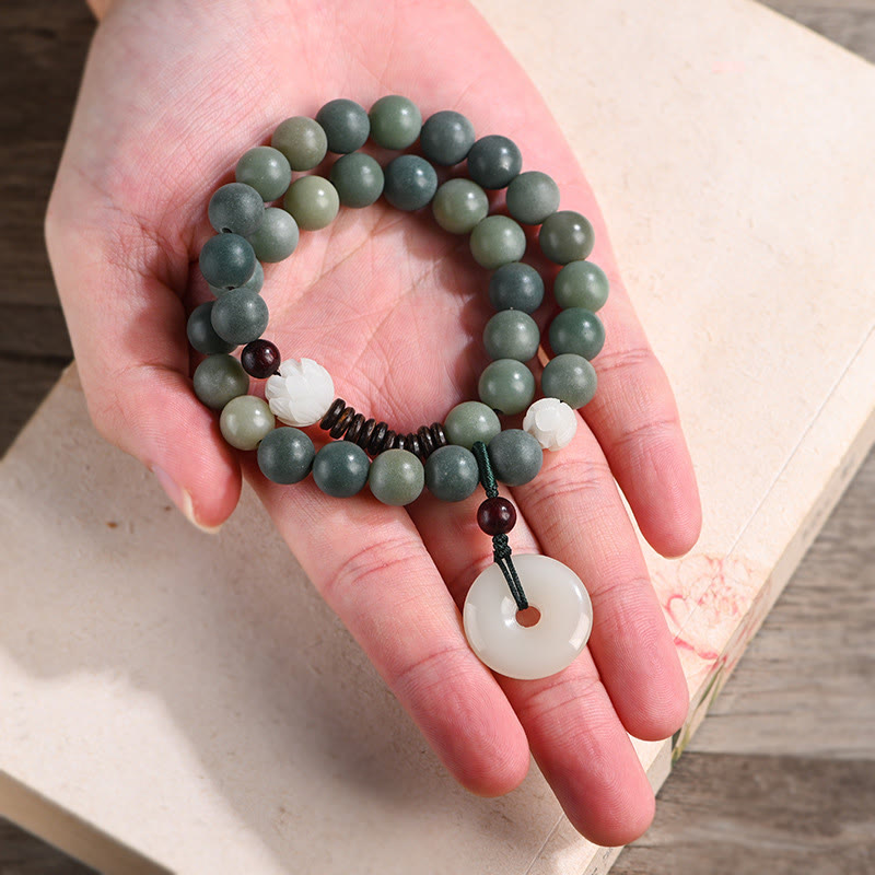 Buddha Stones Cyan Bodhi Seed Lotus Jade Peace Buckle Wisdom Double Wrap Armband - image 3