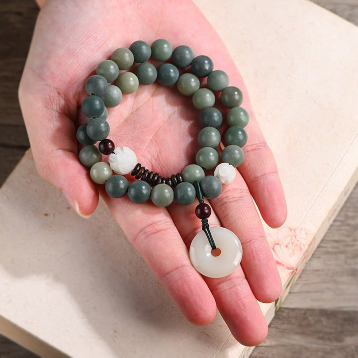 Buddha Stones Cyan Bodhi Seed Lotus Jade Peace Buckle Wisdom Double Wrap Armband - image 3