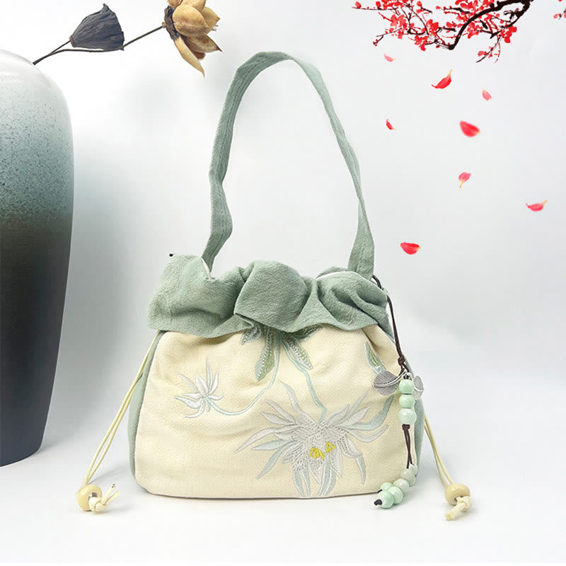 Buddha Stones Suzhou Stickerei Lotus Epiphyllum Magnolie Baumwollleinen Tragetasche Umhängetasche Schultertasche Handtasche