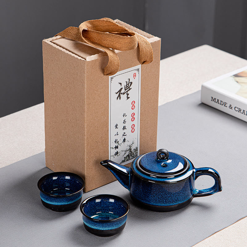 Buddha Stones, blauer Farbverlauf, chinesischer Gongfu-Tee, Keramik-Teekanne, tragbares Geschenkbeutel-Box-Set - 1 Teekanne mit 2 Tassen (Box) - image 1