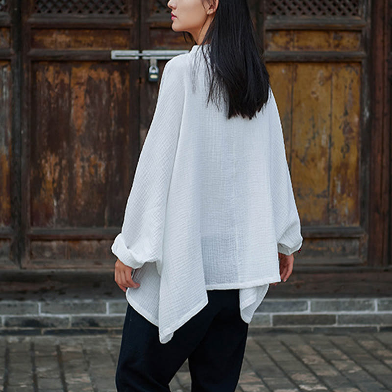Buddha Stones Damen Baumwoll-Leinen-Hemd Top Bluse Fledermausärmel Stil Kleidung