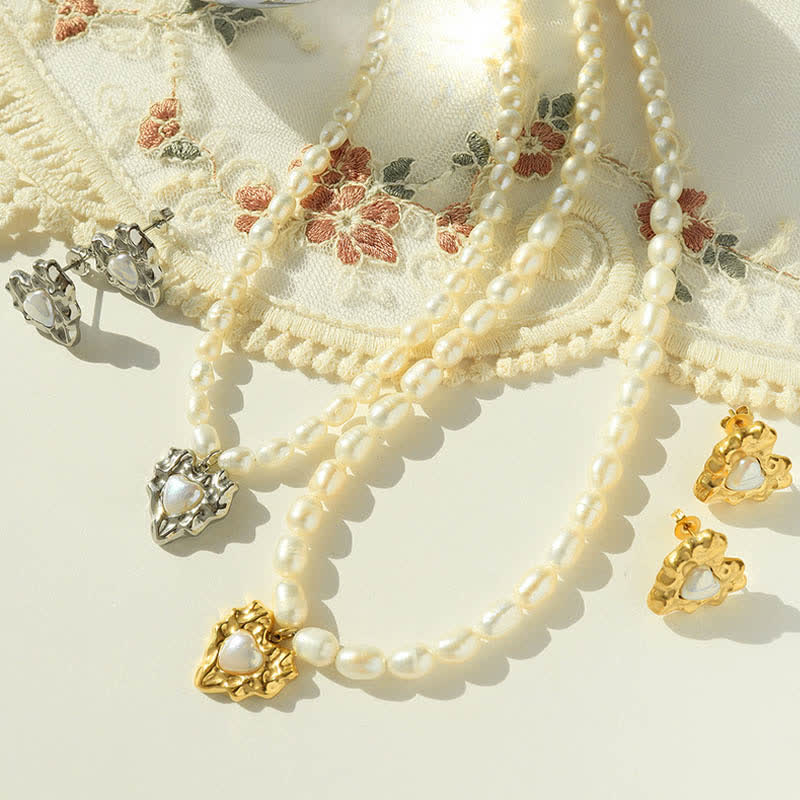 Perlen-Perlen-Glück-Choker-Halsketten-Anhänger-Liebes-Ohrringe