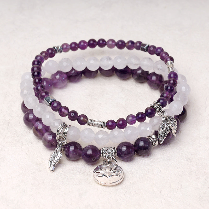 Buddha Stones 3-teiliges Armband aus natürlichem Quarzkristall mit Perlen und Heilenergie, Lotus