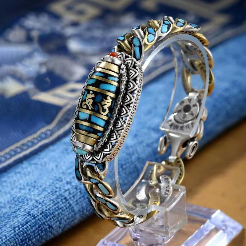 Buddha Stones Tibetisches Neun-Augen-Dzi-Perlen-Om-Mani-Padme-Hum-Türkis-Schutz-Armband, drehbar - Om Mani Padme Hum (Liebe♥Fokus) - 22 cm, passend für einen Handgelenkumfang von 20 cm - image 3