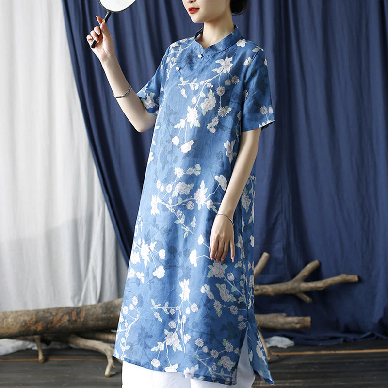 Buddha Steine Ramie Leinen Blau Weiß Blumen Zweige Cheongsam Kleider Kurzarm Kleid